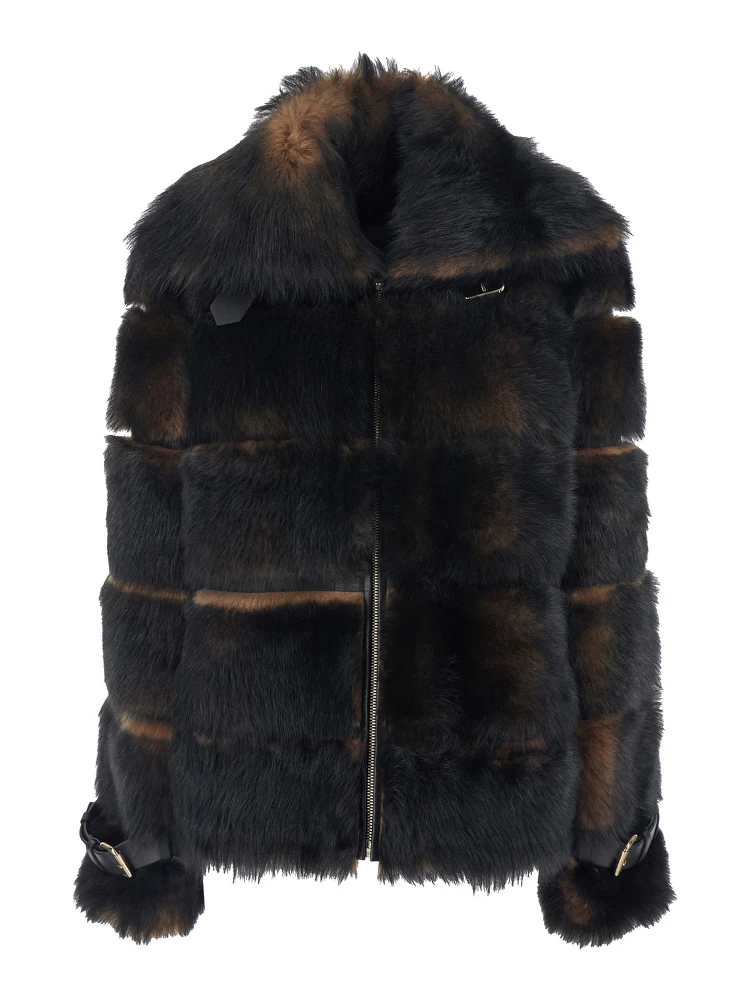 Brown Shearling Jacket with Spread Buckled Collar and Horizontal Band Embellishments in Fur Woman