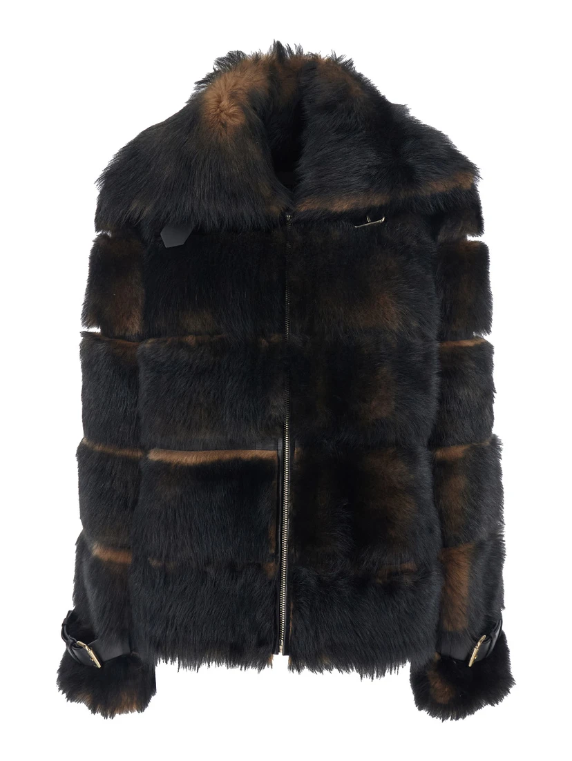Brown Shearling Jacket with Spread Buckled Collar and Horizontal Band Embellishments in Fur Woman