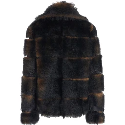 Brown Shearling Jacket with Spread Buckled Collar and Horizontal Band Embellishments in Fur Woman