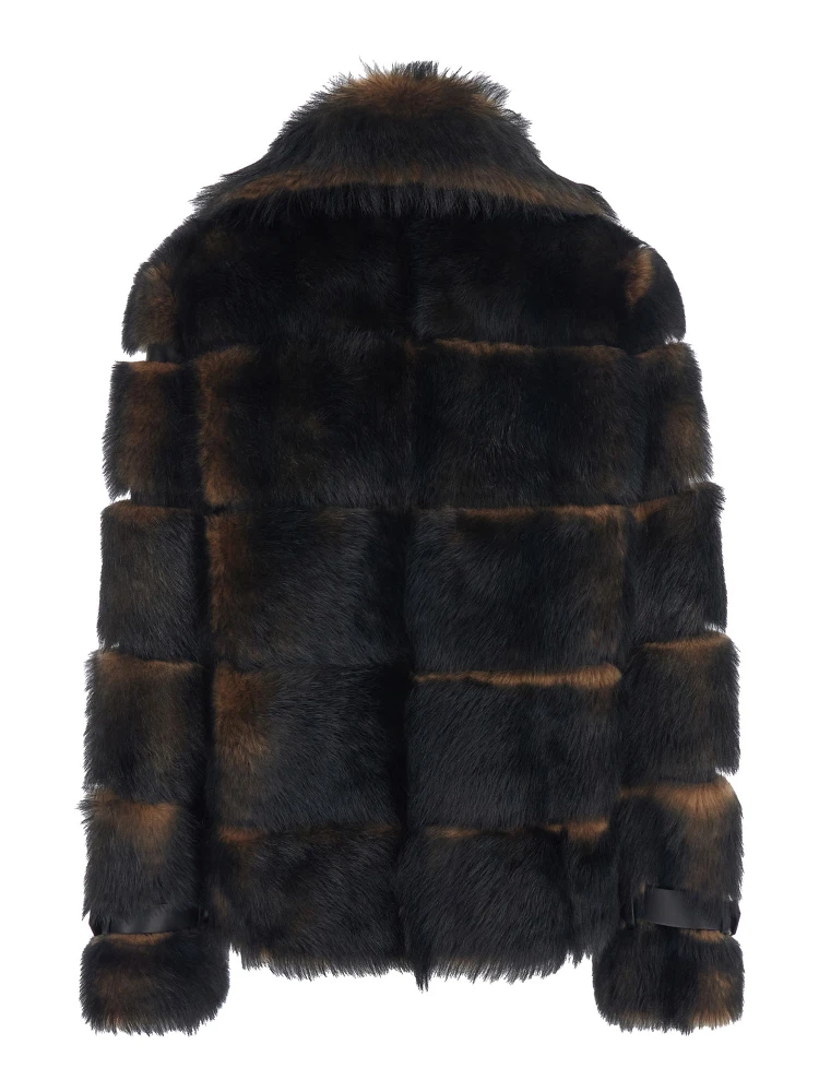 Brown Shearling Jacket with Spread Buckled Collar and Horizontal Band Embellishments in Fur Woman alternative