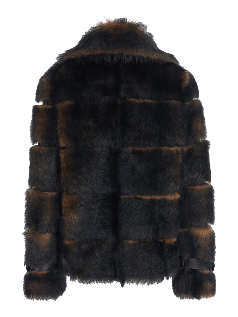 Brown Shearling Jacket with Spread Buckled Collar and Horizontal Band Embellishments in Fur Woman
