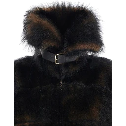 Brown Shearling Jacket with Spread Buckled Collar and Horizontal Band Embellishments in Fur Woman
