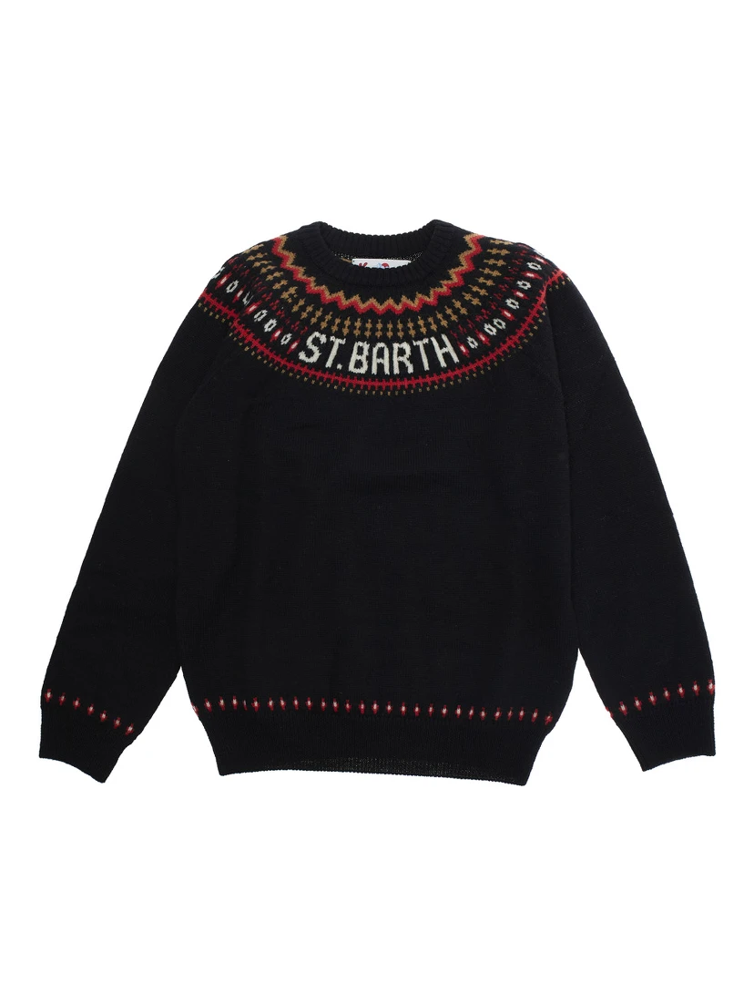 Multicolor Crewneck Sweater with Geometric Embroidery and Logo Lettering on the Front in Wool Boy