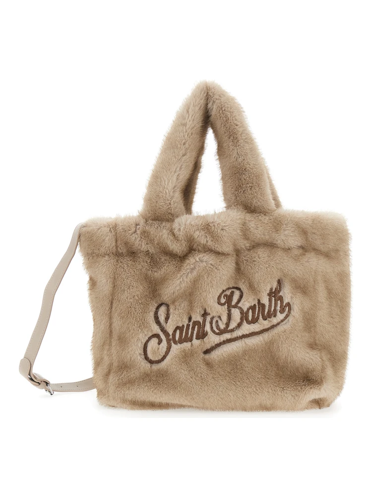 Colette Beige Handbag with Logo Lettering on Front and Back in Faux Fur Girl