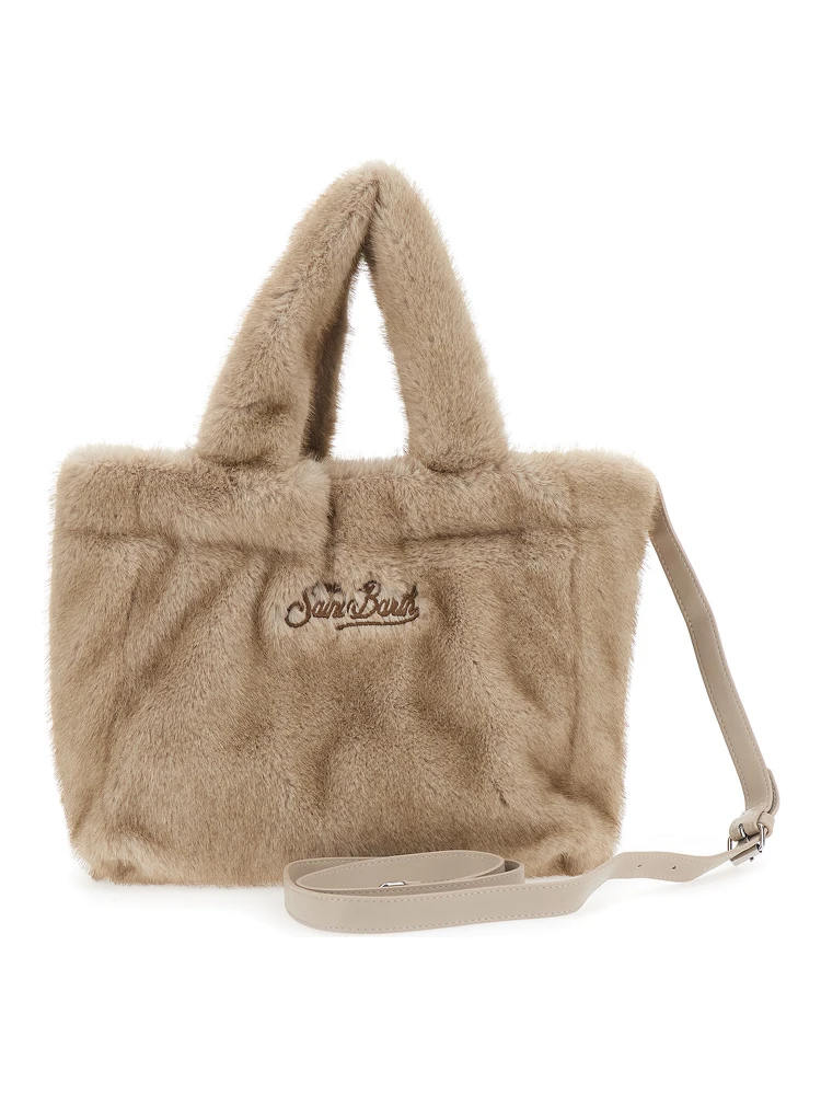 Colette Beige Handbag with Logo Lettering on Front and Back in Faux Fur Girl alternative