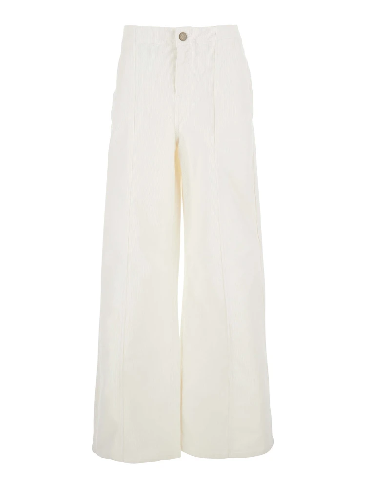 White Pants with Belt Loops in Ribbed Velvet Woman