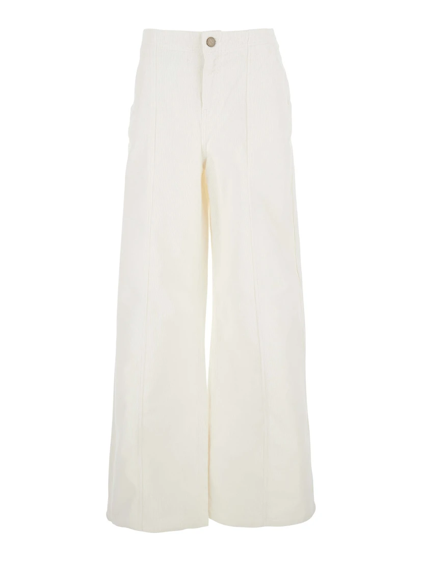 White Pants with Belt Loops in Ribbed Velvet Woman