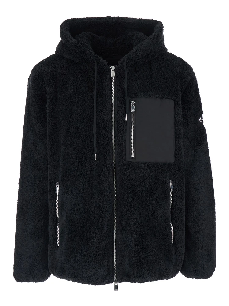 Menfi Black Jacket with Drawstring Hood and Logo Patch on the Sleeve in Ecofur Man