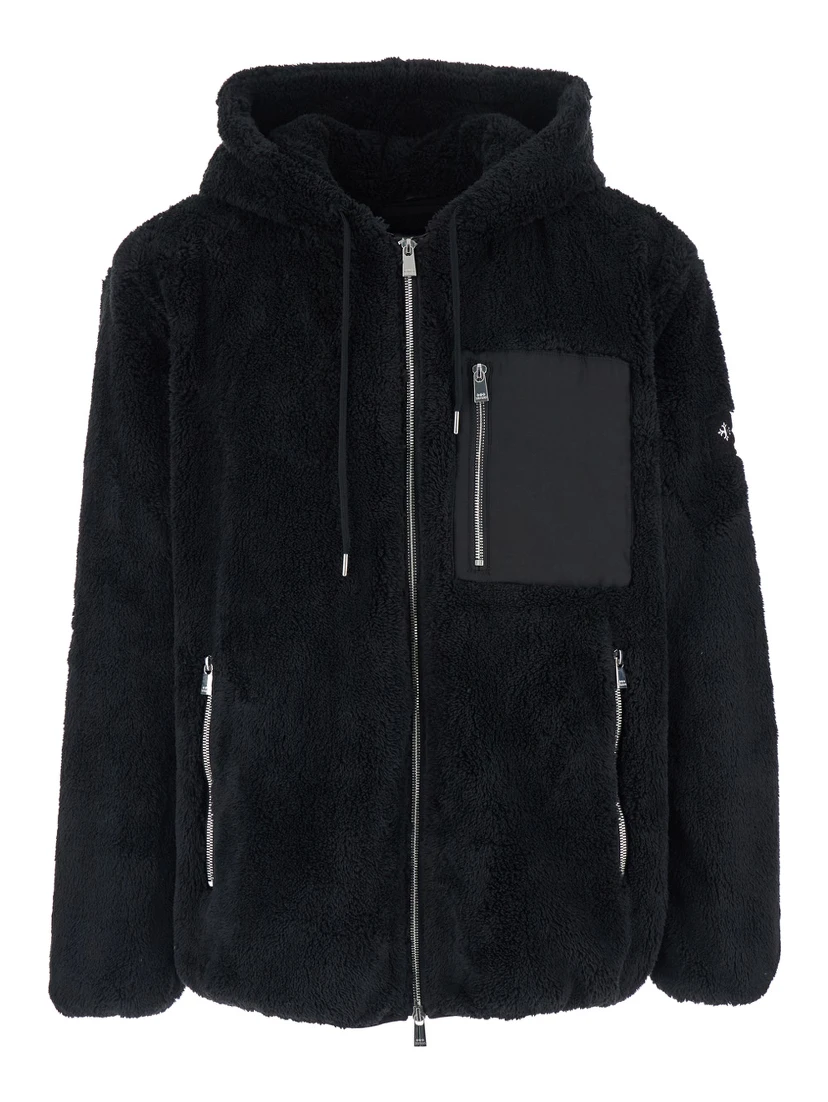 Menfi Black Jacket with Drawstring Hood and Logo Patch on the Sleeve in Ecofur Man