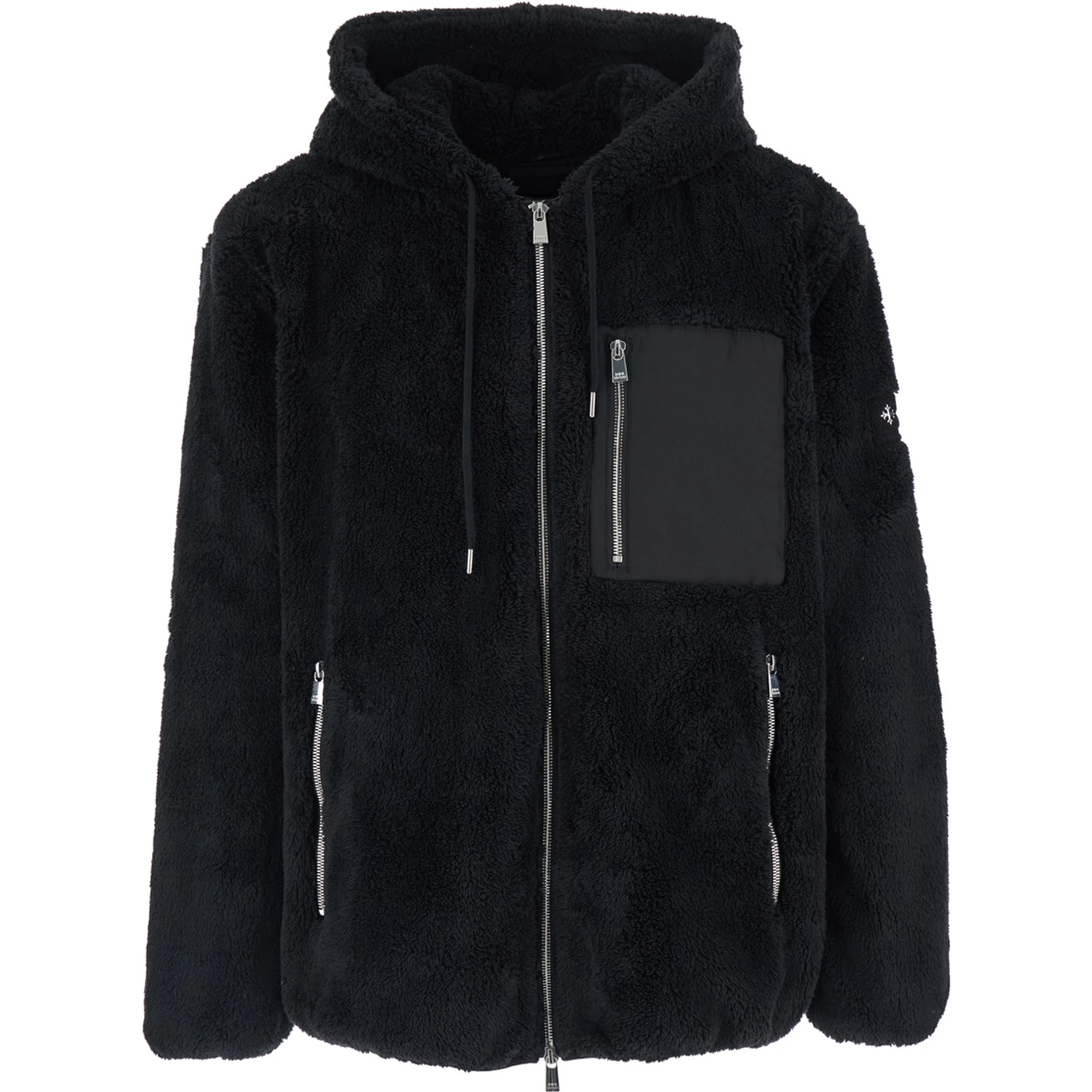 Menfi Black Jacket with Drawstring Hood and Logo Patch on the Sleeve in Ecofur Man