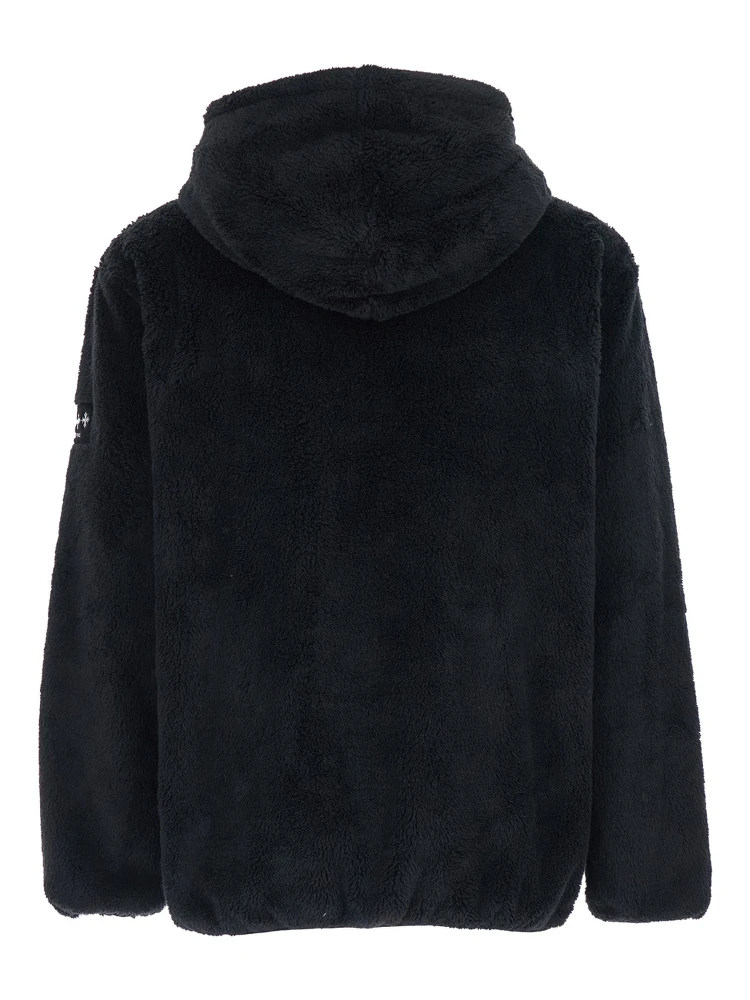 Menfi Black Jacket with Drawstring Hood and Logo Patch on the Sleeve in Ecofur Man alternative