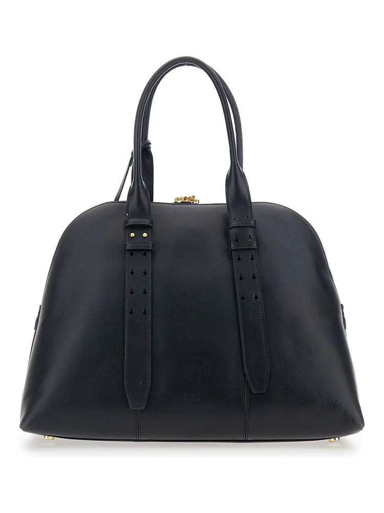 Black Handbag with Padlock Detail on the Front and Love BIrds Plaque on the Front in Leather Woman