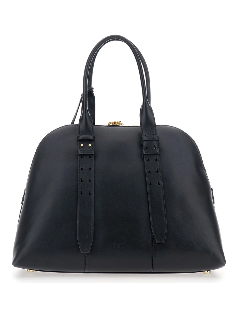 Black Handbag with Padlock Detail on the Front and Love BIrds Plaque on the Front in Leather Woman