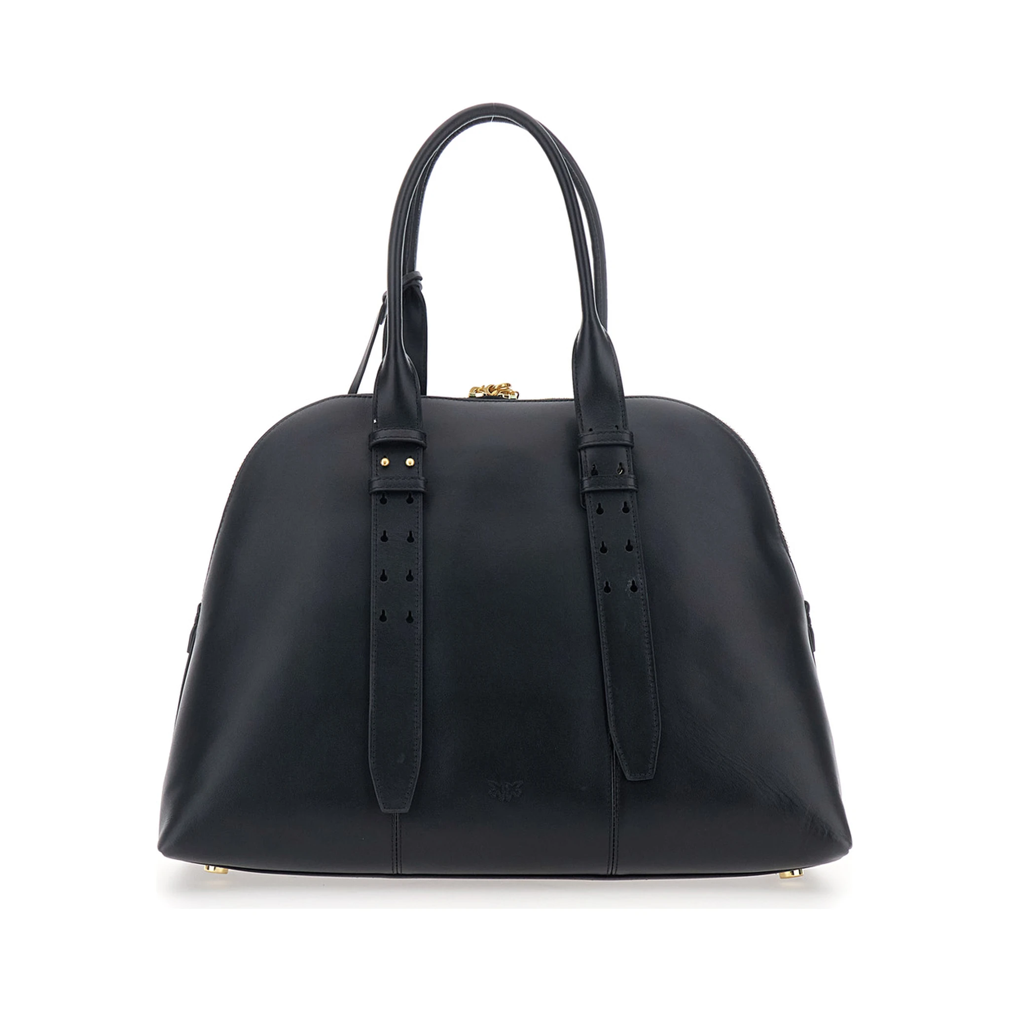 Black Handbag with Padlock Detail on the Front and Love BIrds Plaque on the Front in Leather Woman