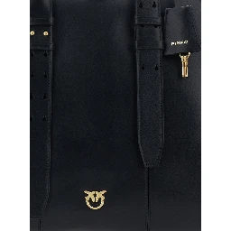 Black Handbag with Padlock Detail on the Front and Love BIrds Plaque on the Front in Leather Woman