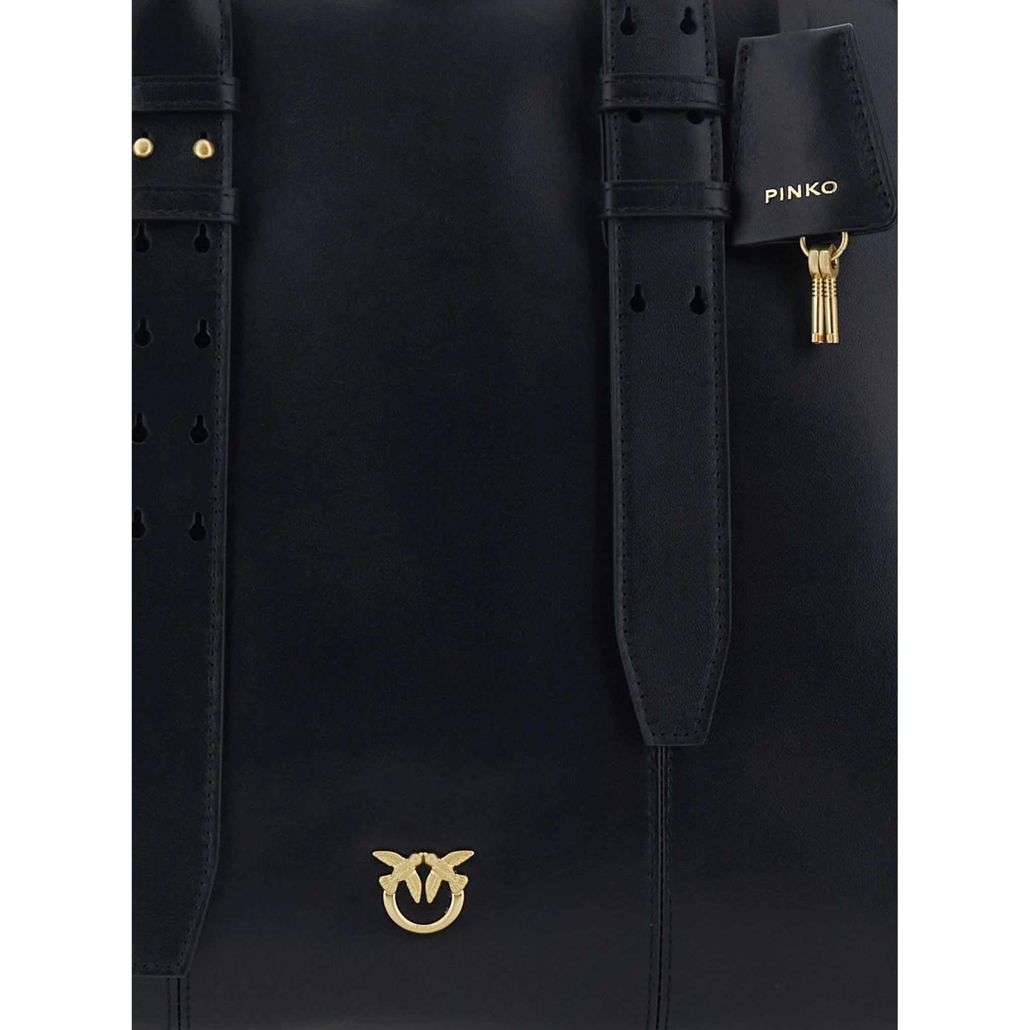 Black Handbag with Padlock Detail on the Front and Love BIrds Plaque on the Front in Leather Woman