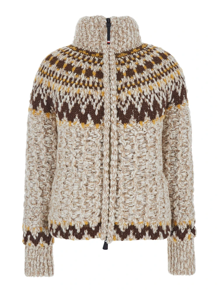 Beige Jacket with Geometric Motif and Ribbed Trims in Wool Blend Woman
