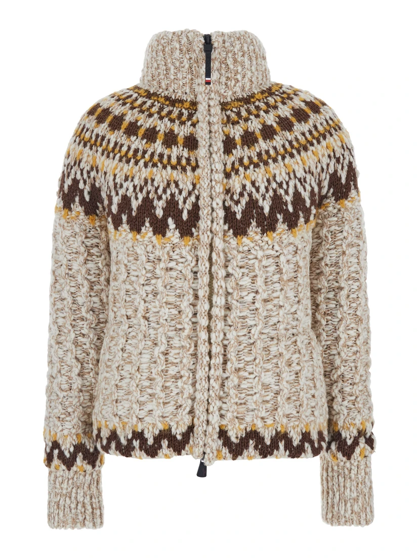 Beige Jacket with Geometric Motif and Ribbed Trims in Wool Blend Woman