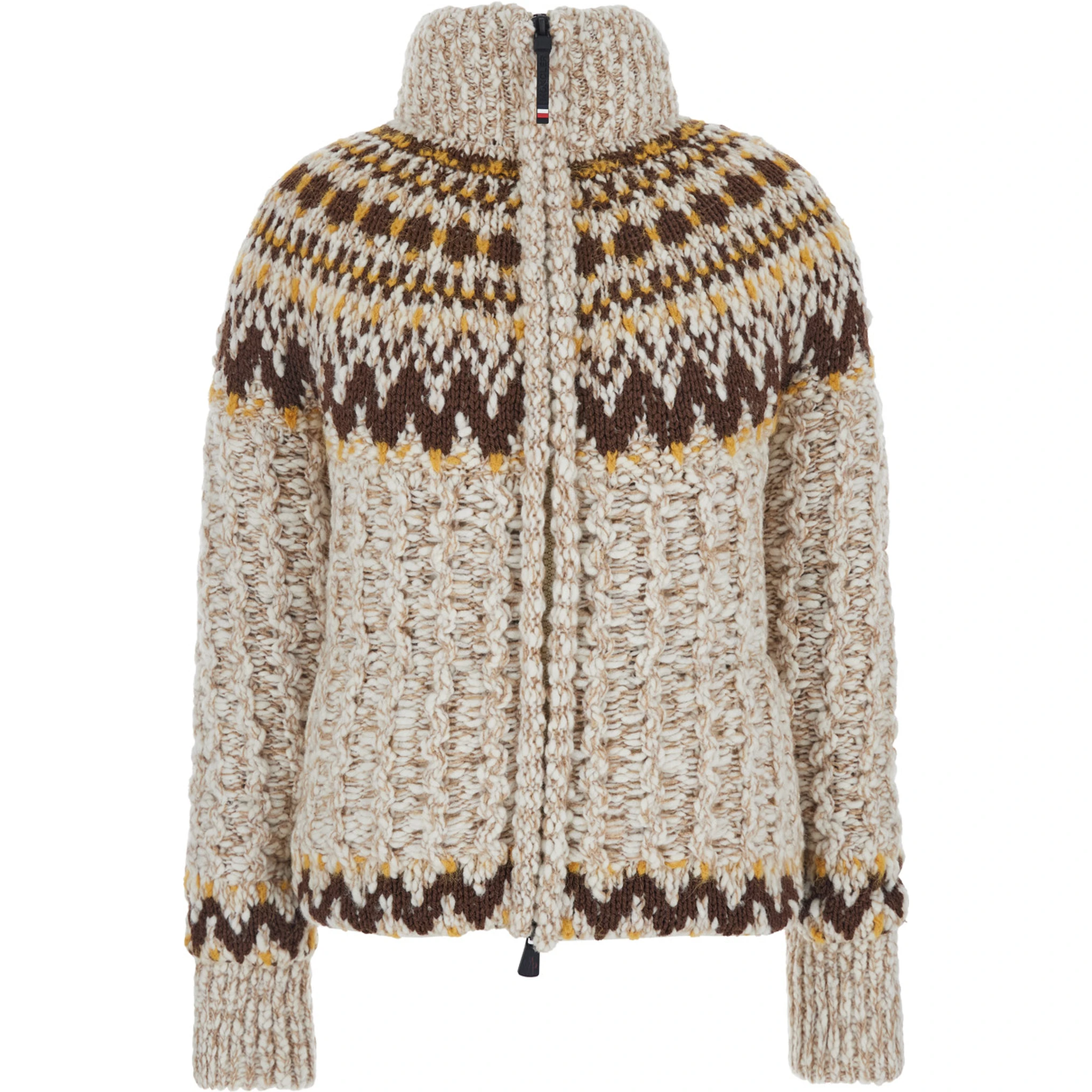 Beige Jacket with Geometric Motif and Ribbed Trims in Wool Blend Woman