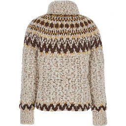 Beige Jacket with Geometric Motif and Ribbed Trims in Wool Blend Woman