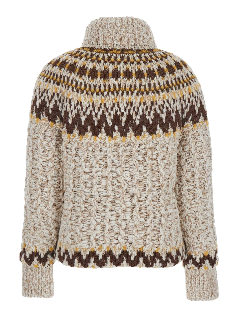 Beige Jacket with Geometric Motif and Ribbed Trims in Wool Blend Woman