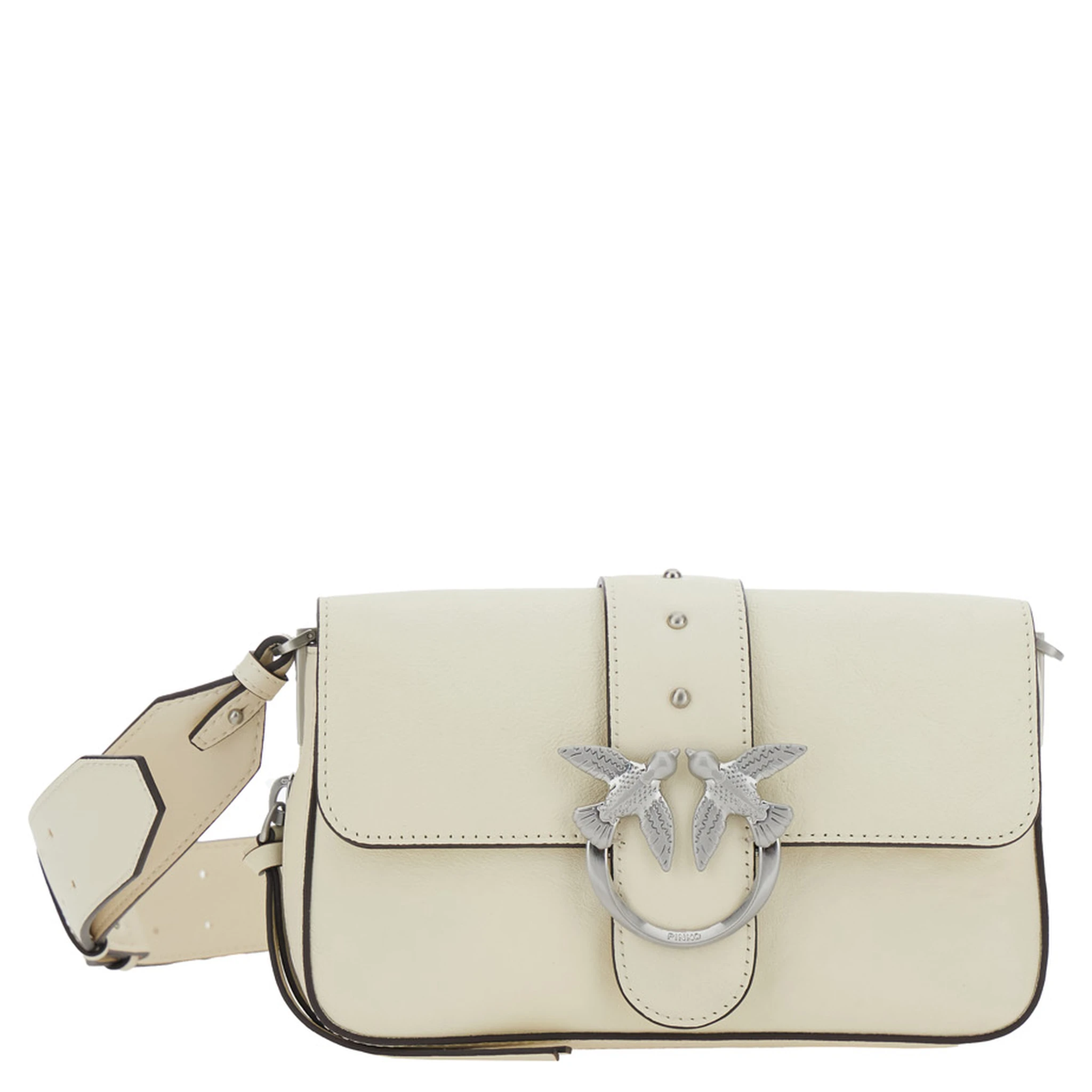 Love One Mini White Crossbody Bag with Love Birds Buckle and Adjustable Shoulder Strap in Leather Woman
