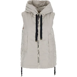 Greengo Beige Vest with Drawstring Hood and Drawstring Waist in Tech Fabric Woman