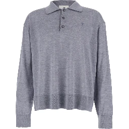 Grey Polo Shirt with Classic Collar and ADC Embroidery on the Front in Wool and Silk Blend Man