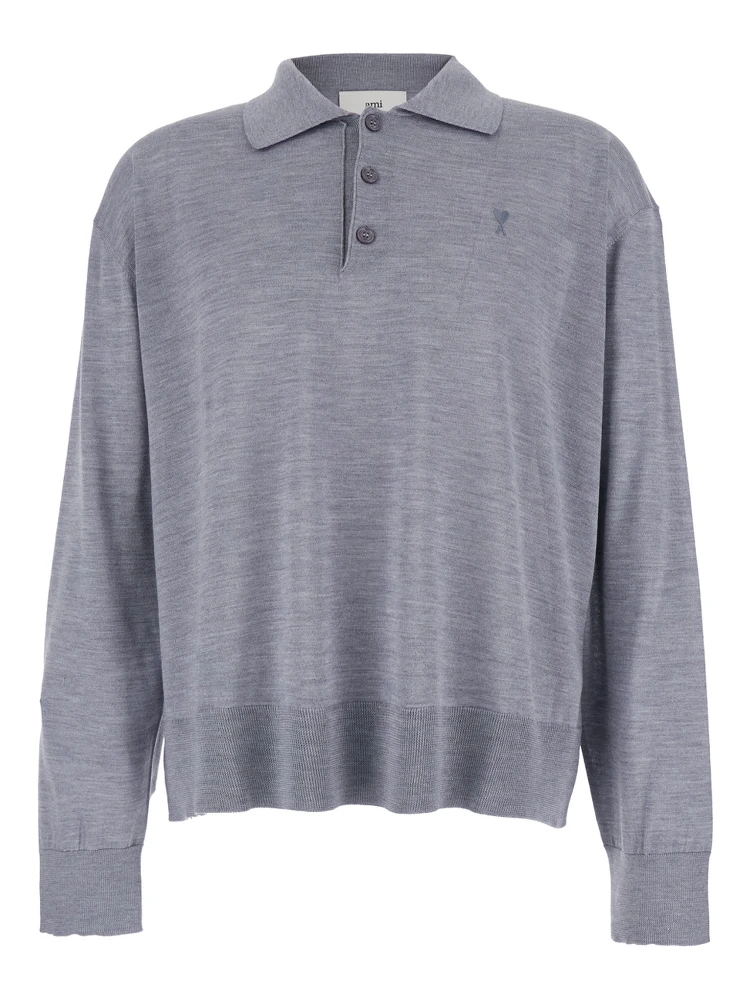 Grey Polo Shirt with Classic Collar and ADC Embroidery on the Front in Wool and Silk Blend Man