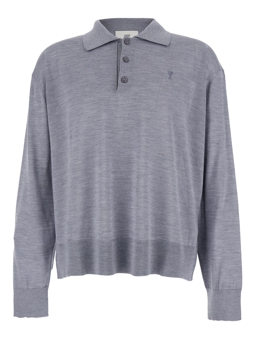 Grey Polo Shirt with Classic Collar and ADC Embroidery on the Front in Wool and Silk Blend Man