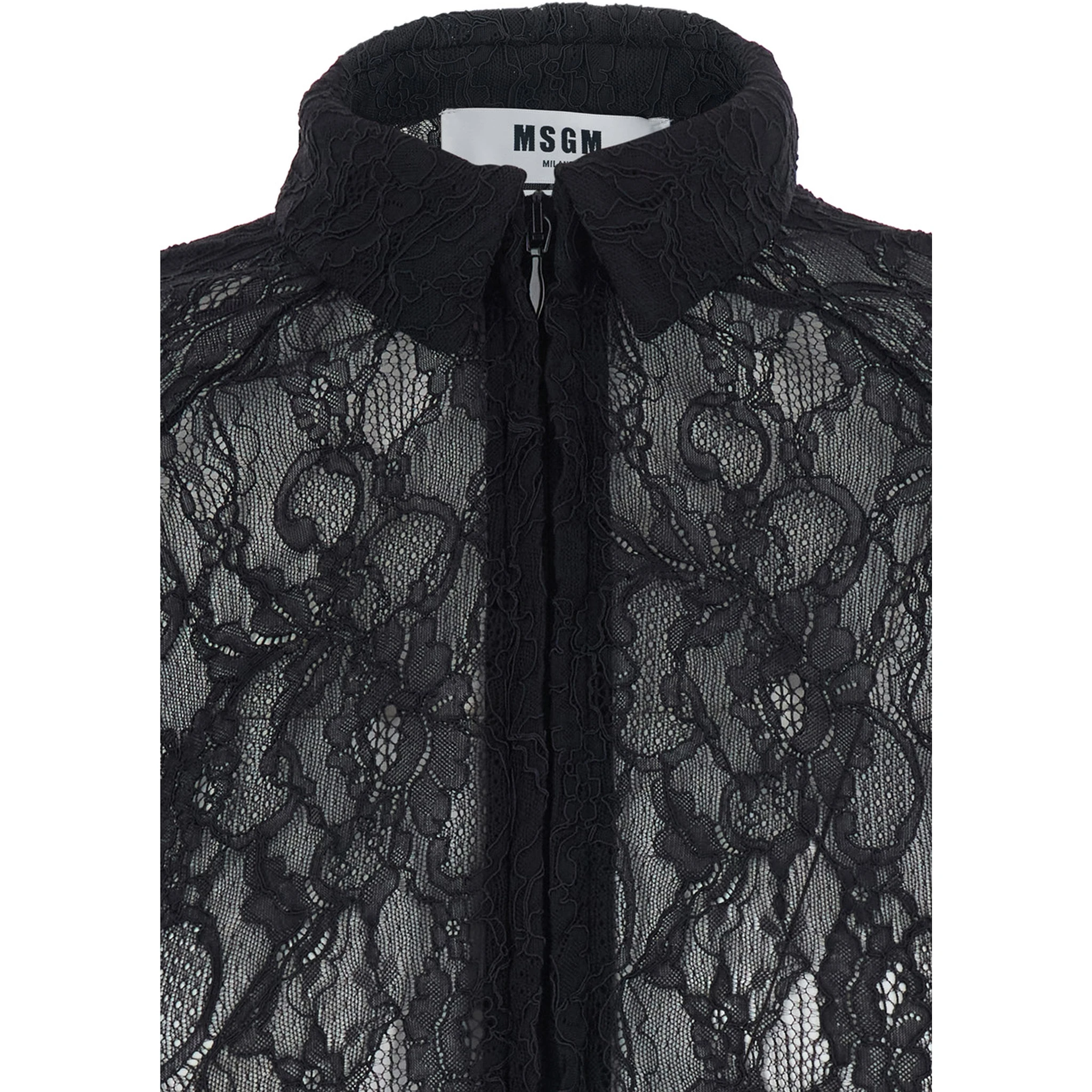 Black Shirt with All-Over Floral Embroidery and Semi-Sheer Design in Lace Woman