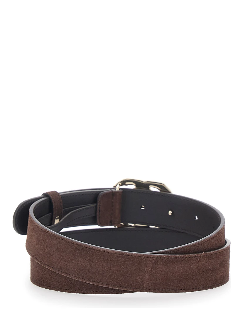 Brown Belt with GG Buckle Closure on the Front in Suede Woman