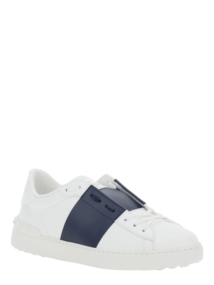 Open White Low Top Sneakers with Contrasting Band and Studs in Leather Man