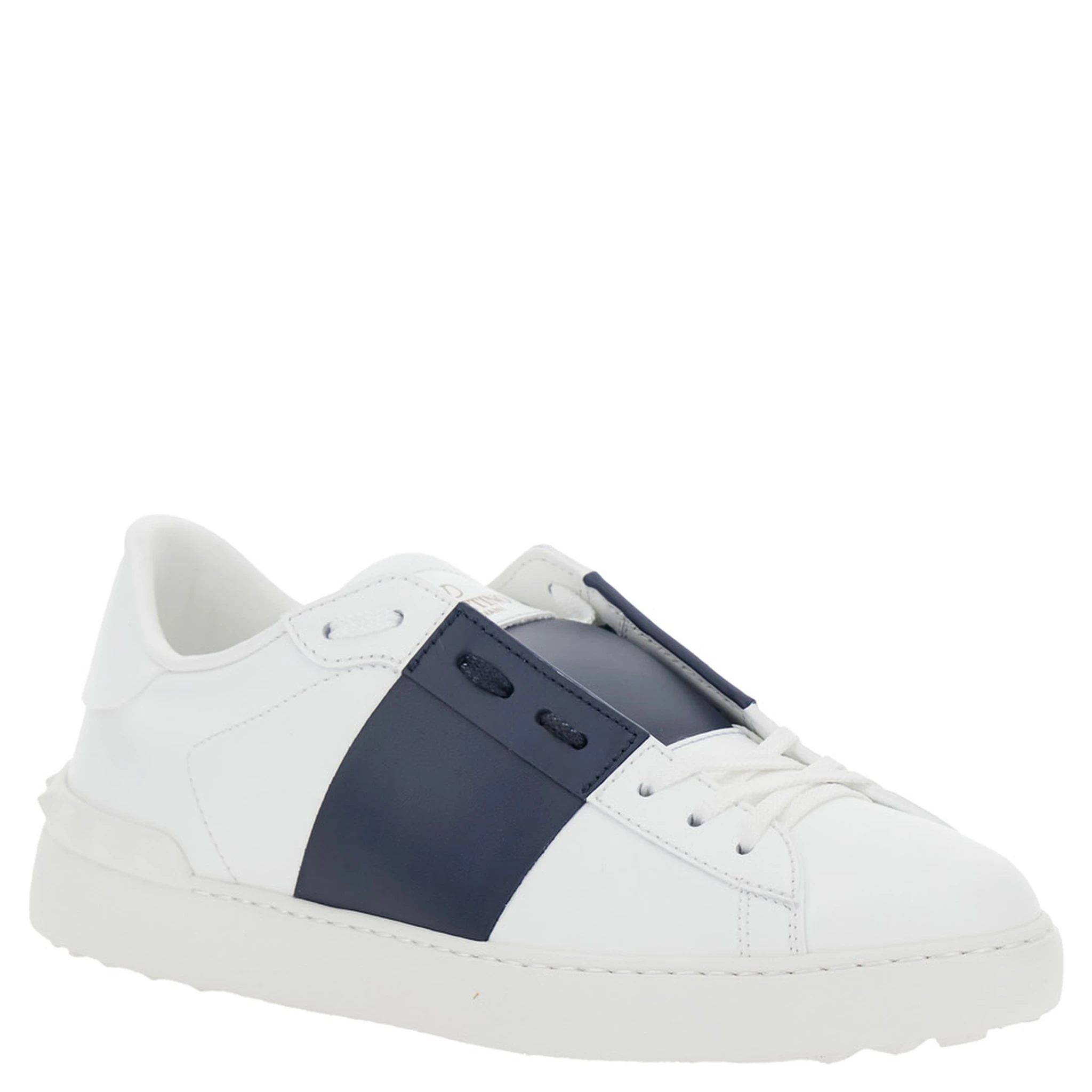 Open White Low Top Sneakers with Contrasting Band and Studs in Leather Man