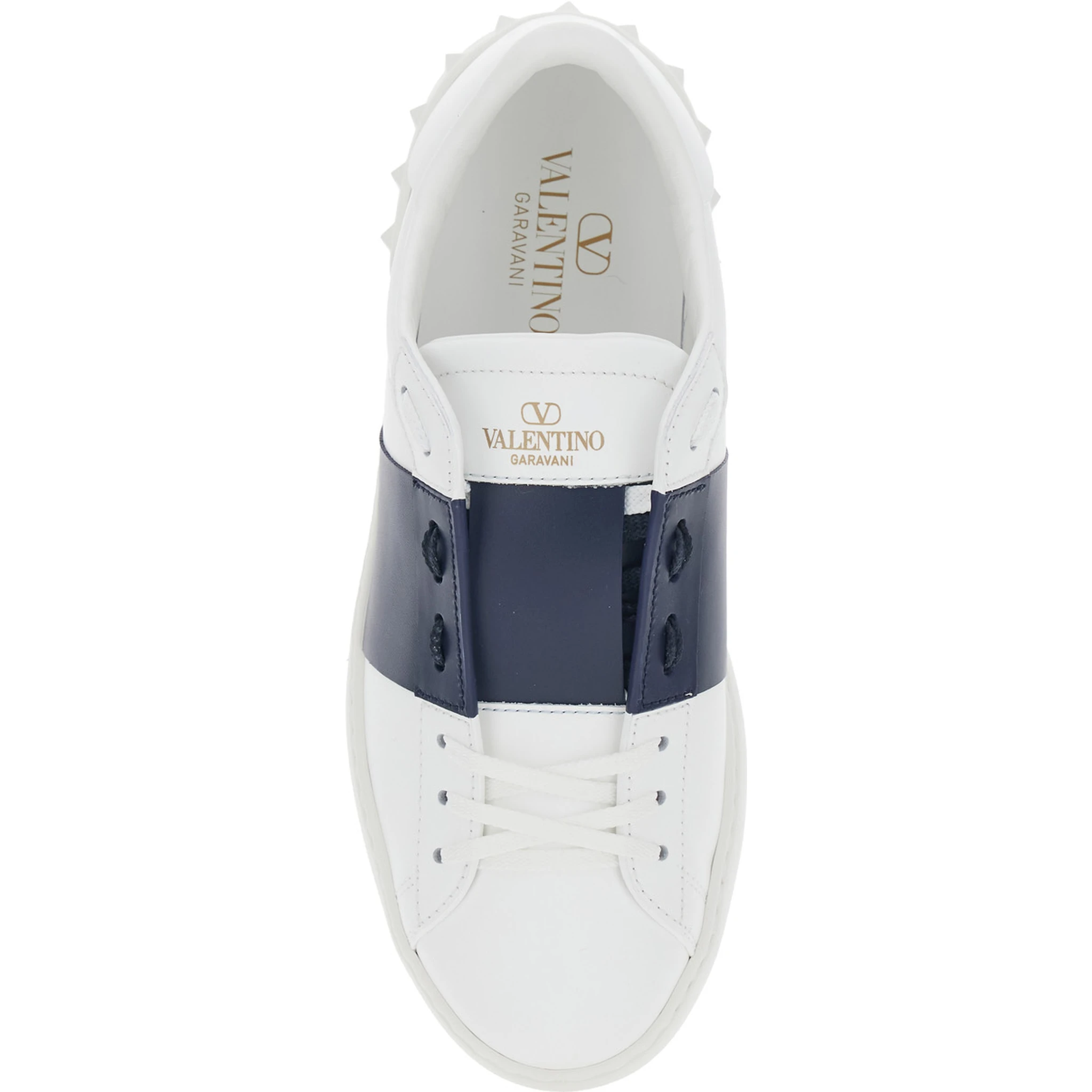 Open White Low Top Sneakers with Contrasting Band and Studs in Leather Man