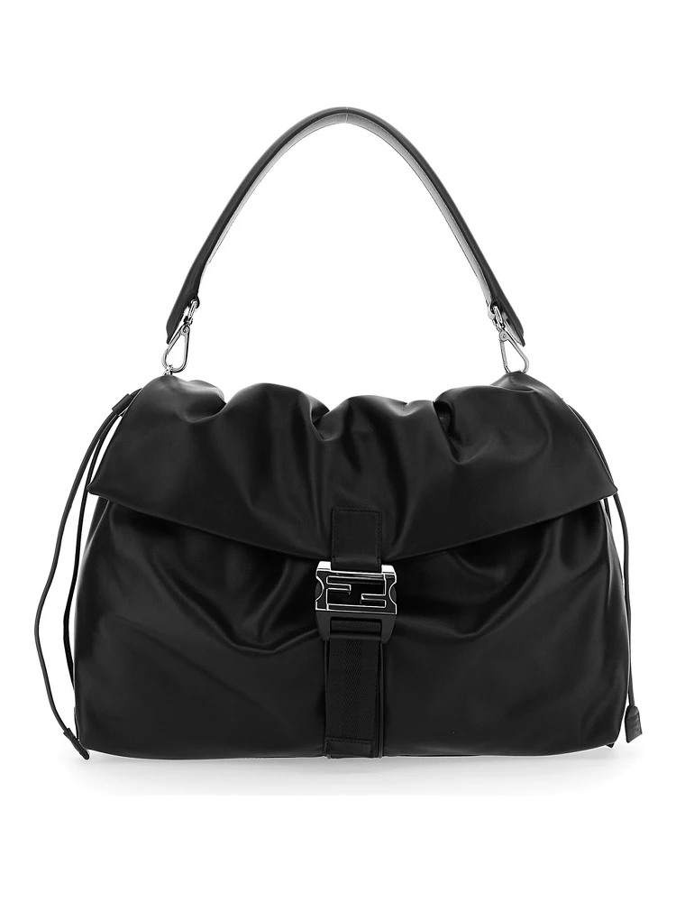 Mama Baguette Large Black Shoulder Bag with FF Closure on the Front in Leather Woman