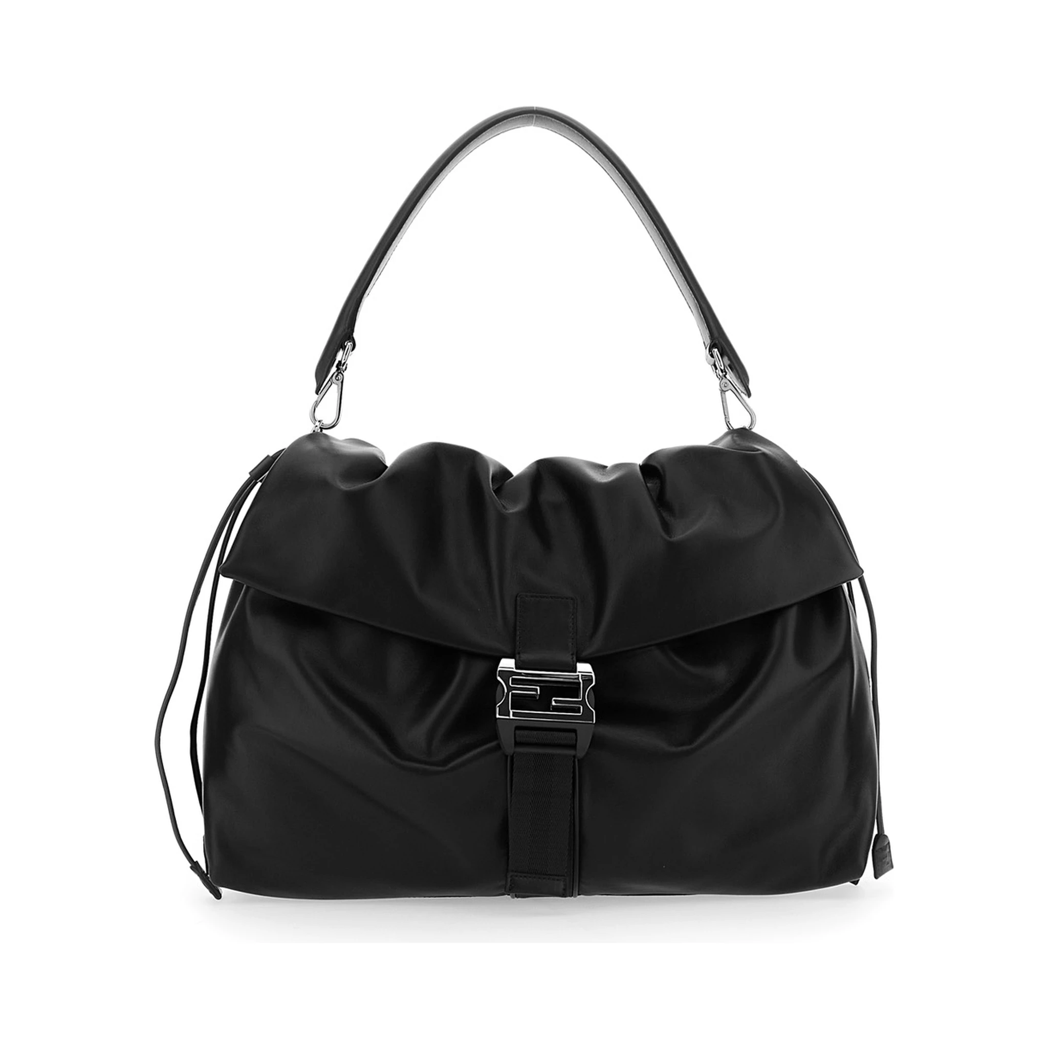 Mama Baguette Large Black Shoulder Bag with FF Closure on the Front in Leather Woman