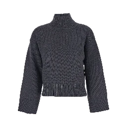 Grey Turtleneck Sweater with Beaded Embroidery on the Waist and Dropped Shoulders in Wool Woman