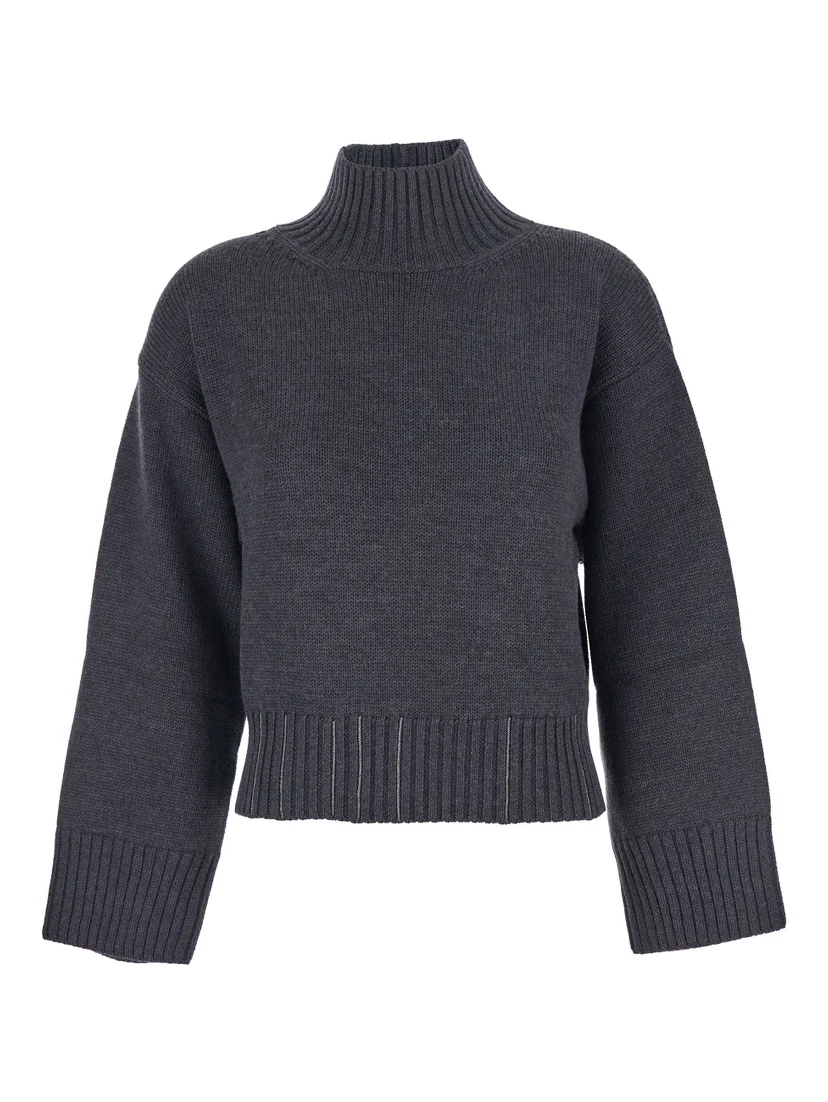 Grey Turtleneck Sweater with Beaded Embroidery on the Waist and Dropped Shoulders in Wool Woman