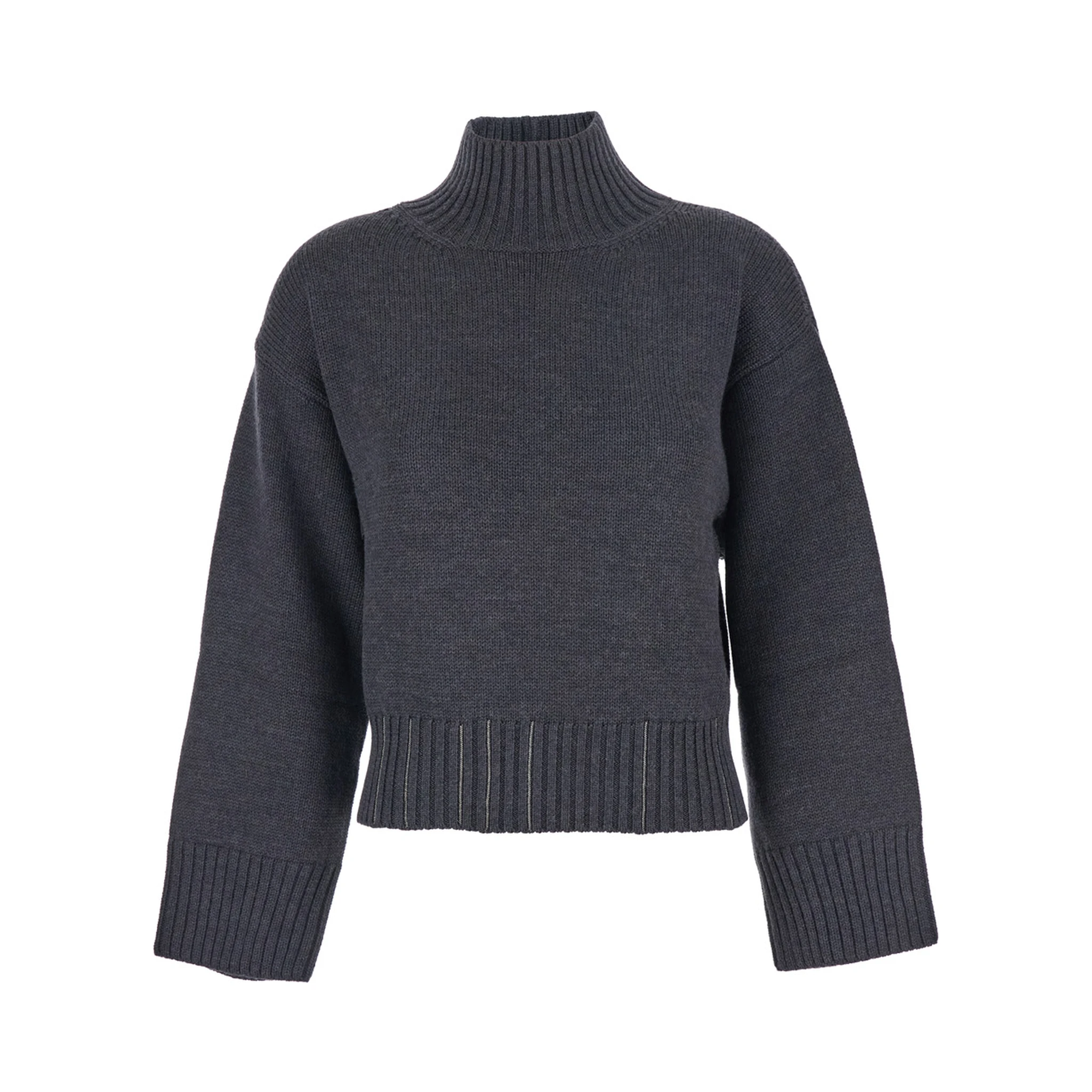 Grey Turtleneck Sweater with Beaded Embroidery on the Waist and Dropped Shoulders in Wool Woman