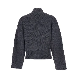 Grey Turtleneck Sweater with Beaded Embroidery on the Waist and Dropped Shoulders in Wool Woman