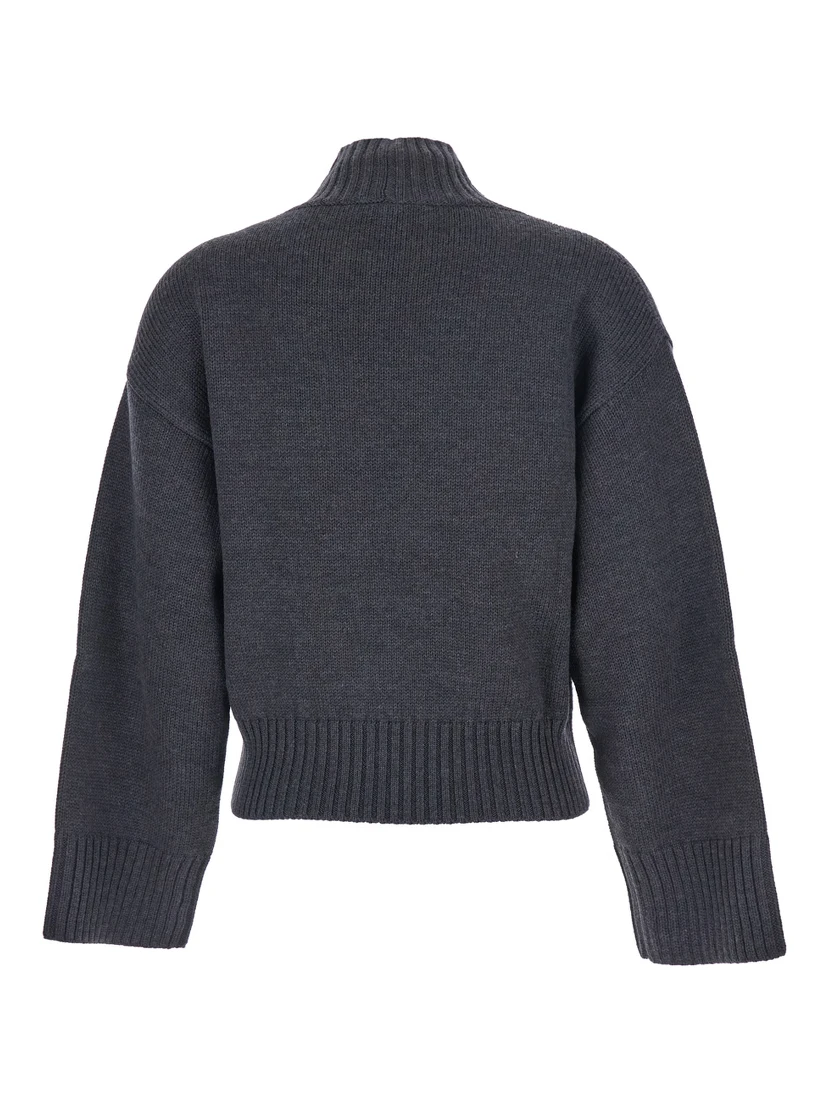 Grey Turtleneck Sweater with Beaded Embroidery on the Waist and Dropped Shoulders in Wool Woman