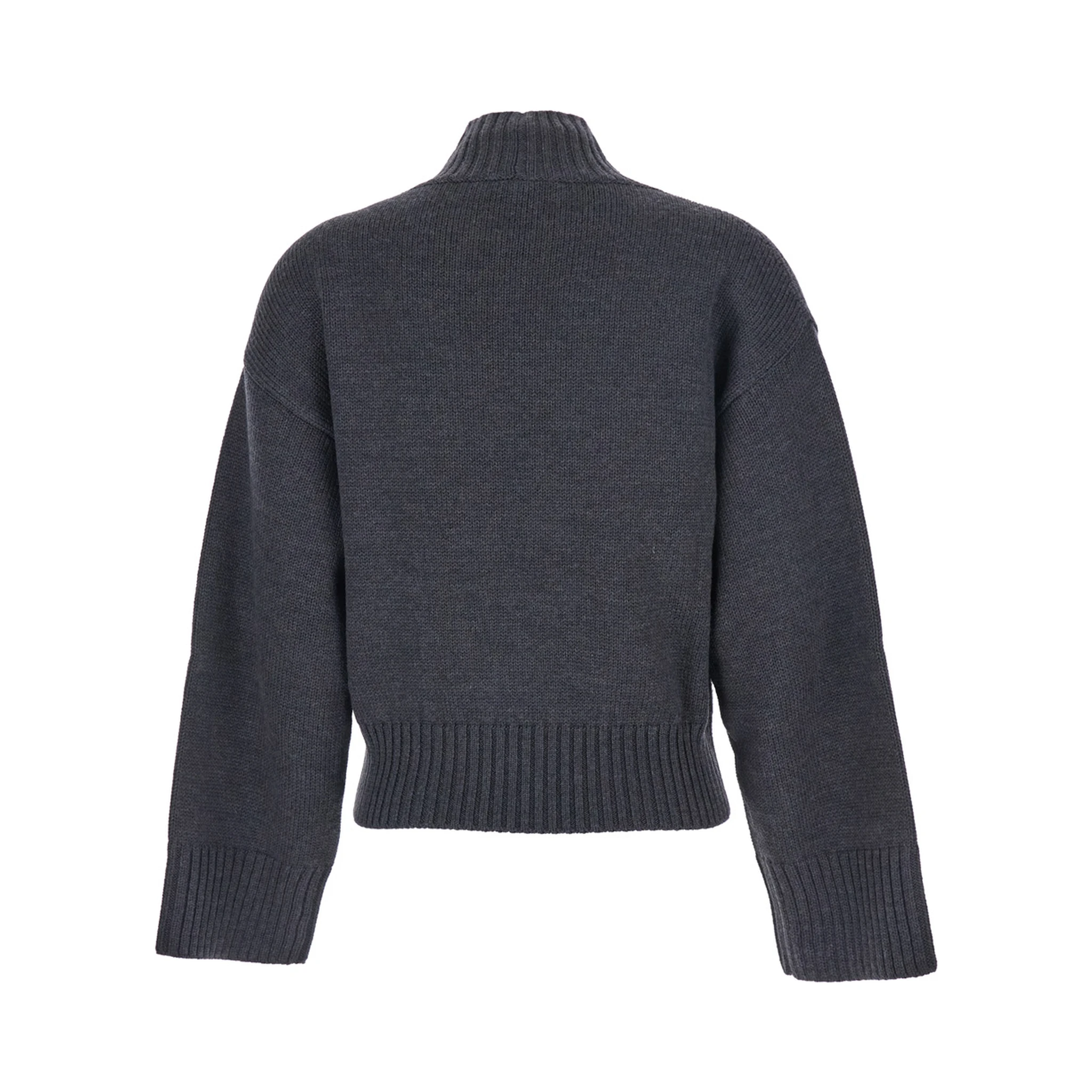 Grey Turtleneck Sweater with Beaded Embroidery on the Waist and Dropped Shoulders in Wool Woman