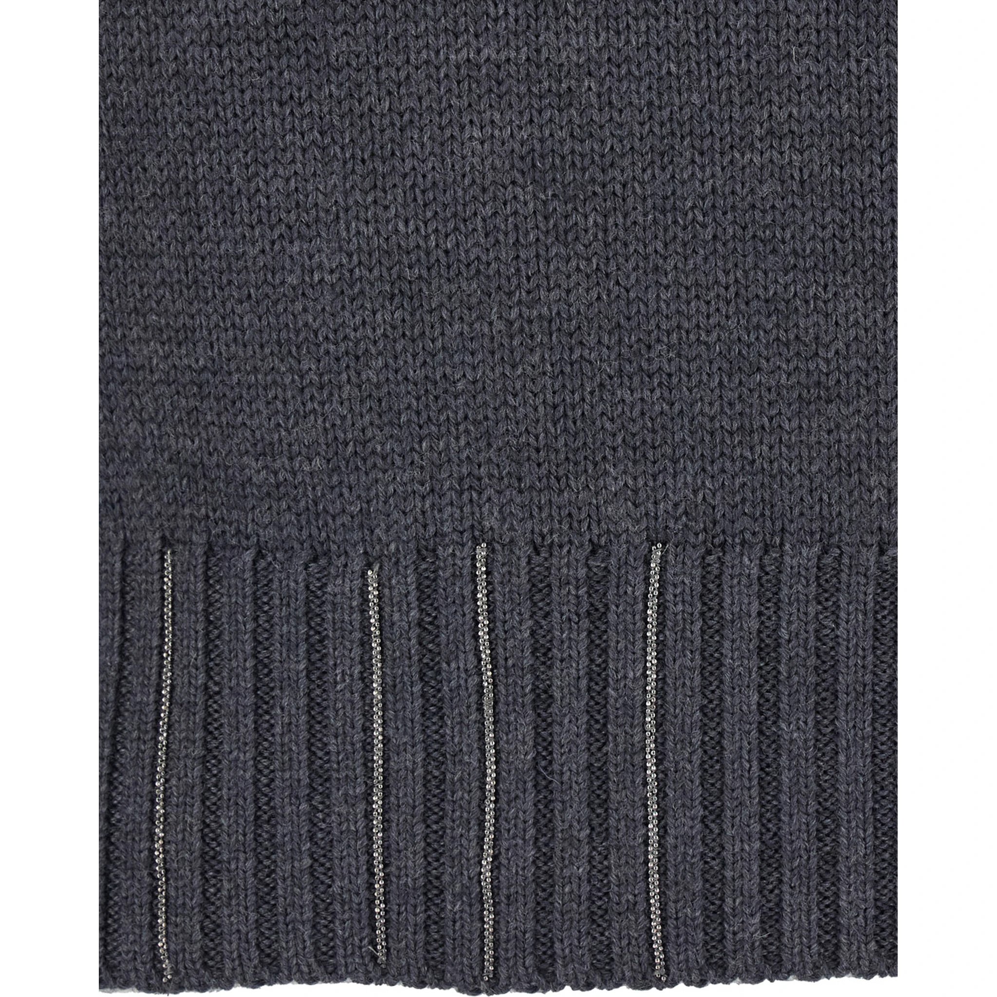 Grey Turtleneck Sweater with Beaded Embroidery on the Waist and Dropped Shoulders in Wool Woman