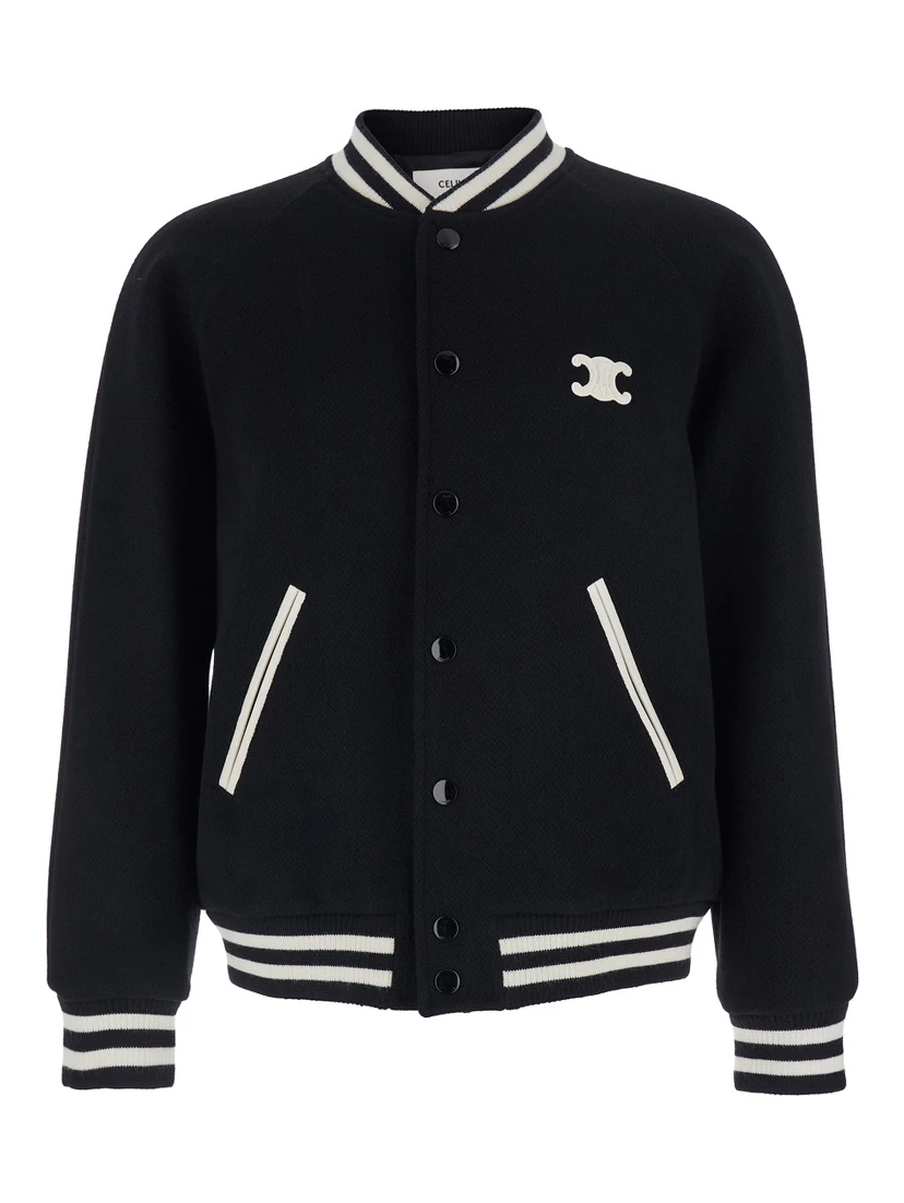Black Jacket with Classic Collar and Logo Patch on the Front in Cotton Man