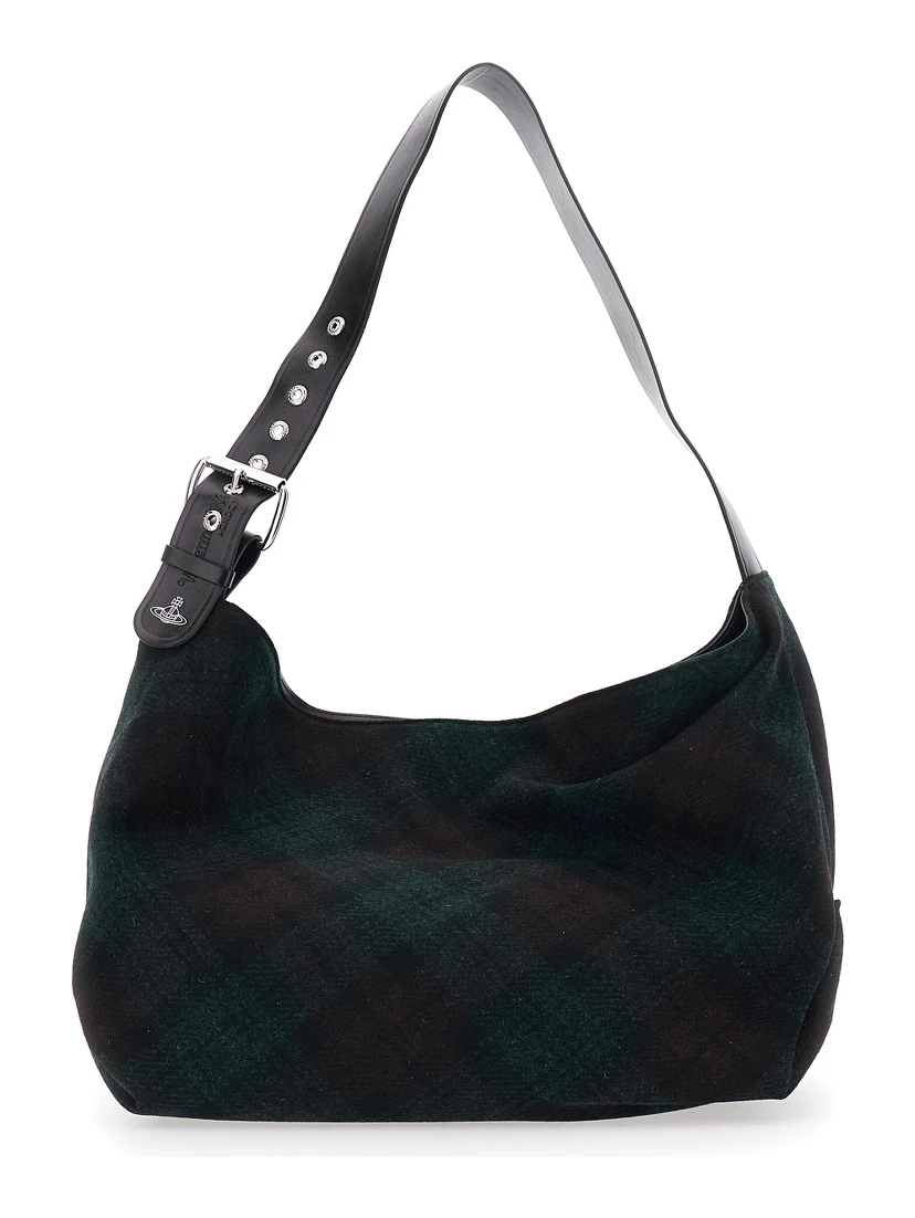 Maxime Grande Dark Green Shoulder Bag with Adjustable Strap and Tartan Pattern in Wool Woman