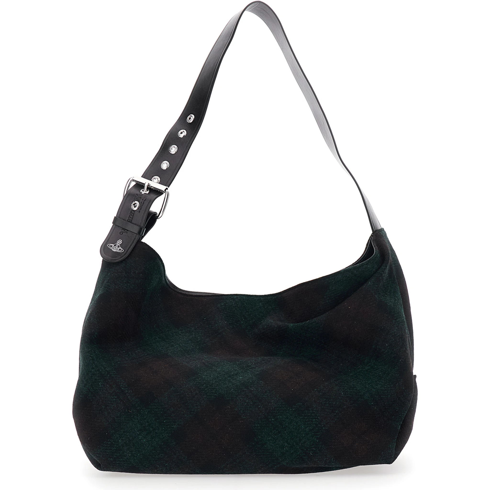 Maxime Grande Dark Green Shoulder Bag with Adjustable Strap and Tartan Pattern in Wool Woman