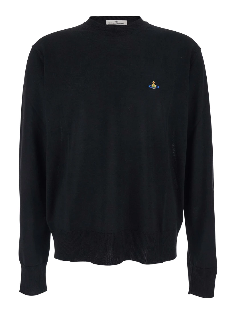 Black Crew NeckSweater with Orb Logo Embroidered on the Front in Wool Blend Man