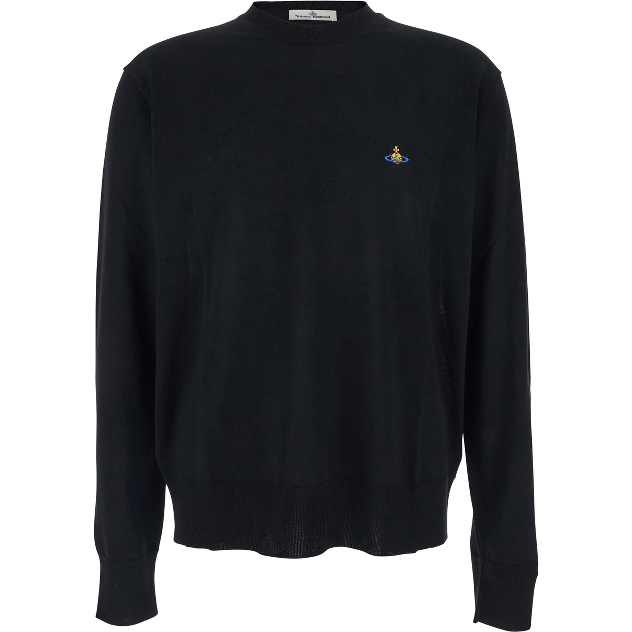 Black Crew NeckSweater with Orb Logo Embroidered on the Front in Wool Blend Man
