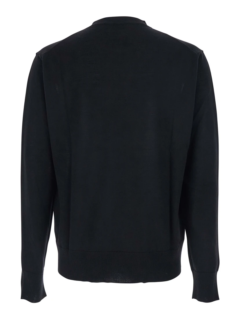 Black Crew NeckSweater with Orb Logo Embroidered on the Front in Wool Blend Man